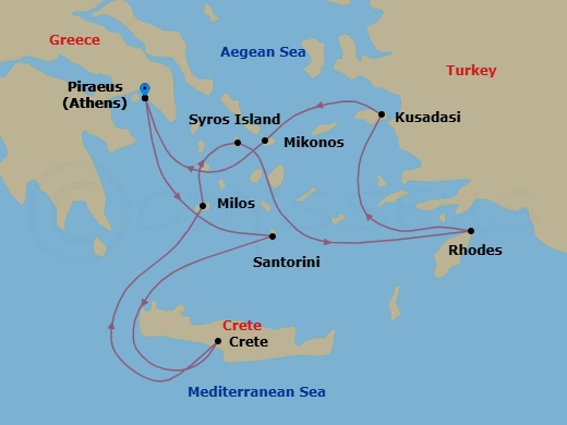 9 Night - Athens to Athens - Silver Nova - Starting in Athens (Piraeus), Santorini, Souda Bay (Crete), Milos, Syros, Rhodes, Kusadasi, Mykonos, Athens (Piraeus) itinerary map