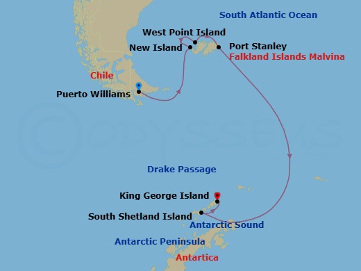 13 Night - Puerto Williams to King George Island - Silver Endeavour - Starting in Puerto Williams, New Island, West Point Island, Port Stanley, Falkland Islands, Antarctic Sound, Antarctic Peninsula, South Shetland Islands, King George Island itinerary map