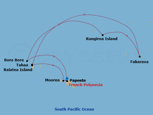 10 Night - Papeete to Papeete - Silver Whisper - Starting in Papeete (Tahiti), Moorea Island, Motu Tahaa, Raiatea, Fakarava, Tuamotu Archipelago, Rangiroa, Bora Bora (Society Islands), Papeete (Tahiti) itinerary map