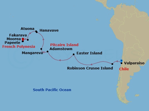 22 Night - Valparaiso to Papeete - Silver Cloud - Starting in Valparaiso, Robinson Crusoe Island, Easter Island, Adamstown (Pitcairn Island), Mangareva (Gambier Islands), Hanavave, Fatu Hiva, Atuona / Hiva Oa, Marquesas Island, Fakarava, Tuamotu Archipelago, Moorea Island, Papeete (Tahiti) itinerary map