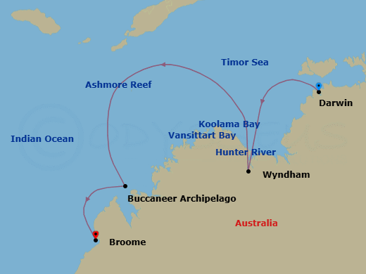 10 Night - Darwin to Broome - Silver Cloud - Starting in Darwin, Ashmore Reef, Wyndham, Koolama Bay, Vansittart Bay (Jar Island), Hunter River Region, Western Australia, Buccaneer Archipelago Region, Broome (Kimberley) itinerary map