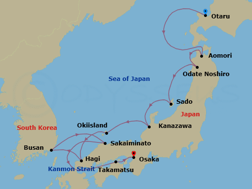 12 Night - Otaru to Osaka - Silver Cloud - Starting in Otaru (Hokkaido), Aomori, Noshiro, Sado Island, Kanazawa, Oki Island, Hagi, Busan, Sakaiminato, Takamatsu, Osaka itinerary map
