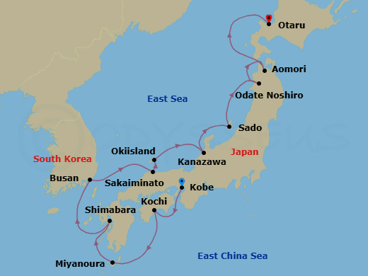 12 Night - Kobe to Otaru - Silver Cloud - Starting in Kobe, Kochi, Miyanoura / Yakushima, Shimabara, Busan, Sakaiminato, Oki Island, Kanazawa, Sado Island, Noshiro, Aomori, Otaru (Hokkaido) itinerary map