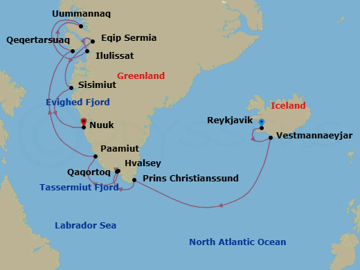 13 Night - Reykjavik to Nuuk - Silver Wind - Starting in Reykjavik, Vestmannaeyjar, Cruise Prince Christian Sound, Tassermiut Fjord, Qaqortoq (Julianehab), Hvalsey, Paamiut, Evighedsfjord, Qeqertarsuaq, Uummannaq Fjord, Ilulissat, Eqip Sermia Glacier, Sisimiut, Nuuk (Godthab) itinerary map