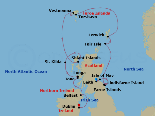 11 Night - Edinburgh to Dublin - Silver Wind - Starting in Edinburgh (Leith), Isle of May, Farne Islands, Lindisfarne Island, Fair Isle, Scotland, Lerwick, Shetland Islands, Scotland, Torshavn, Faroe Islands, Vestmanna, Faroe Islands, Shiant Islands, Scotland, St Kilda, Lunga, Iona, Belfast, Dublin itinerary map