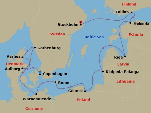 13 Night - Copenhagen to Stockholm - Silver Spirit - Starting in Copenhagen, Aarhus, Aalborg, Gothenburg, Warnemunde (Rostock), Ronne, Bornholm, Gdansk, Klaipeda, Riga, Tallinn, Helsinki, Stockholm itinerary map