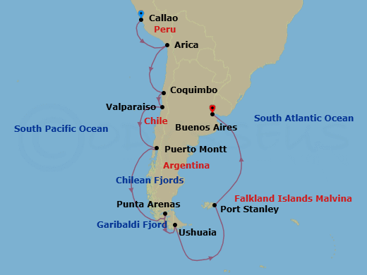 21 Night - Lima to Buenos Aires - Silver Ray - Starting in Lima (Callao), Arica, Coquimbo, Valparaiso, Puerto Montt, Cruise Chilean Fjords, Punta Arenas, Garibaldi Fjord and Glacier, Ushuaia, Port Stanley, Falkland Islands, Buenos Aires itinerary map
