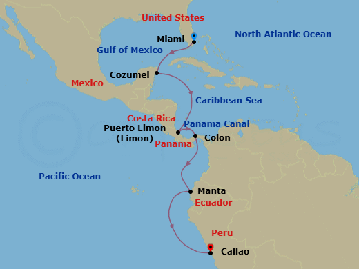 12 Night - Miami to Lima - Silver Ray - Starting in Miami, Fl, Cozumel, Quintana Roo, Puerto Limon, Colon, Panama Canal Transit, Manta, Lima (Callao) itinerary map