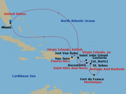 12 Night - Miami to Miami - Silver Ray - Starting in Miami, Fl, San Juan, St John VI, Gustavia, St Barthelemy, St Johns, Fort-de-France, St Kitts (Basseterre), Jost Van Dyke, British Virgin Islands, Miami, Fl itinerary map
