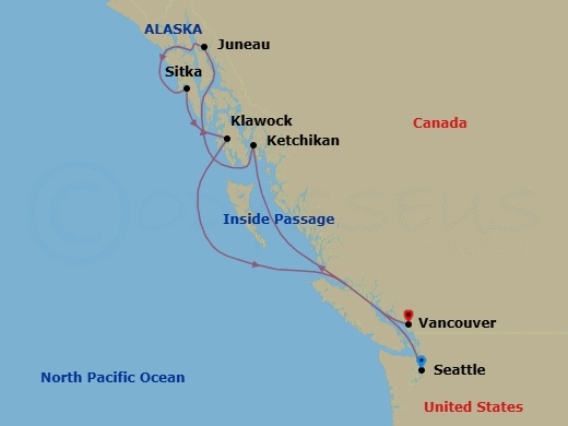 7 Night - Seattle to Vancouver - Silver Whisper - Starting in Seattle, Washington, Ketchikan, Alaska, Juneau, Alaska, Sitka, Alaska, Klawock, Alaska, Cruise Inside Passage, Vancouver itinerary map
