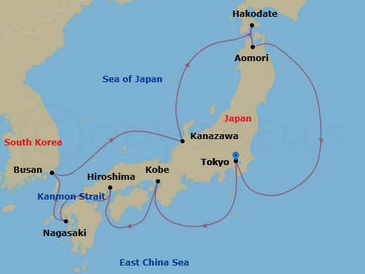 14 Night - Tokyo to Tokyo - Silver Moon - Starting in Tokyo, Kobe, Hiroshima, Nagasaki, Busan, Kanazawa, Hakodate (Hokkaido), Aomori, Tokyo itinerary map