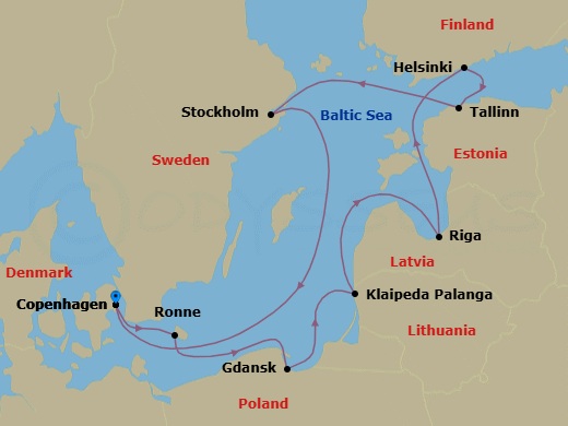 10 Night - Copenhagen to Copenhagen - Silver Dawn - Starting in Copenhagen, Ronne, Bornholm, Gdansk, Klaipeda, Riga, Helsinki, Tallinn, Stockholm, Copenhagen itinerary map