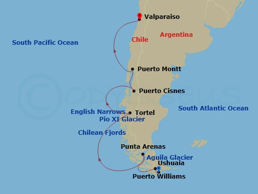 11 Night - Puerto Williams to Valparaiso - Silver Cloud - Starting in Puerto Williams, Ushuaia, Punta Arenas, Aguila Glacier, Cruise Chilean Fjords, Cruising Pio XI Glacier, Cruise English Narrows, Tortel, Cruise Chilean Fjords, Puerto Cisnes, Puerto Montt, Valparaiso itinerary map