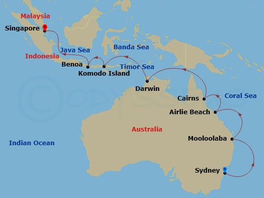 Silver Moon - 18 Night - Sydney to Singapore - Silver Moon - Starting in Sydney AU, Mooloolaba, Airlie Beach, Cairns, Darwin, Komodo Island, Benoa, Bali, Singapore itinerary map