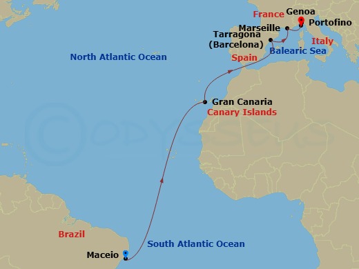 12 Night - Msc Grand Voyages - MSC Musica - Starting in Maceio, Brazil, Las Palmas de Gran Canaria (Canary Islands), Spain, Tarragona, Spain, Marseille (Provence), France, Genoa (Portofino), Italy itinerary map
