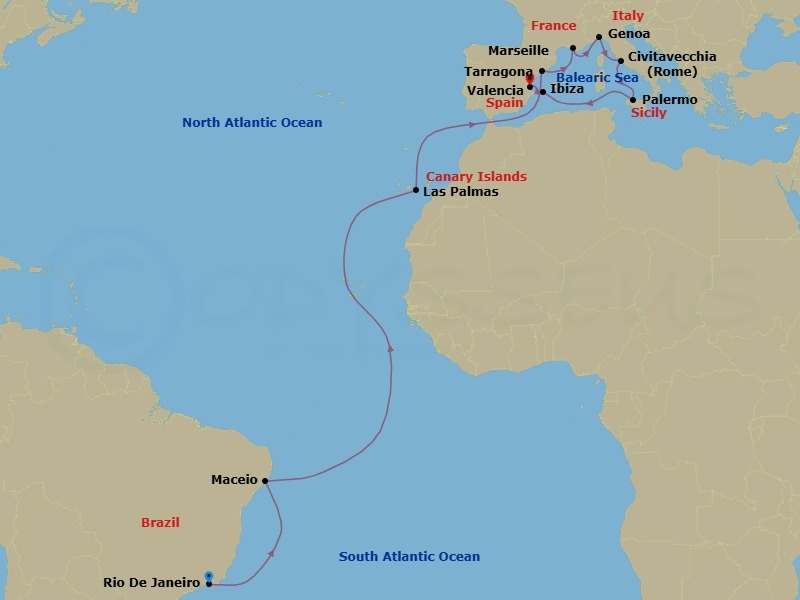 20 Night - Msc Grand Voyages - MSC Musica - Starting in Rio De Janeiro, Brazil, Maceio, Brazil, Las Palmas de Gran Canaria (Canary Islands), Spain, Tarragona, Spain, Marseille (Provence), France, Genoa (Portofino), Italy, Civitavecchia (Rome), Italy, Palermo (Monreale), Italy, Ibiza (Balearic Islands), Spain, Valencia, Spain itinerary map
