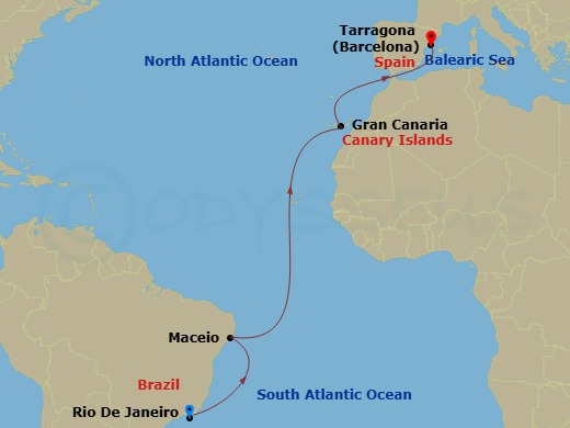 13 Night - Msc Grand Voyages - MSC Musica - Starting in Rio De Janeiro, Brazil, Maceio, Brazil, Las Palmas de Gran Canaria (Canary Islands), Spain, Tarragona, Spain itinerary map
