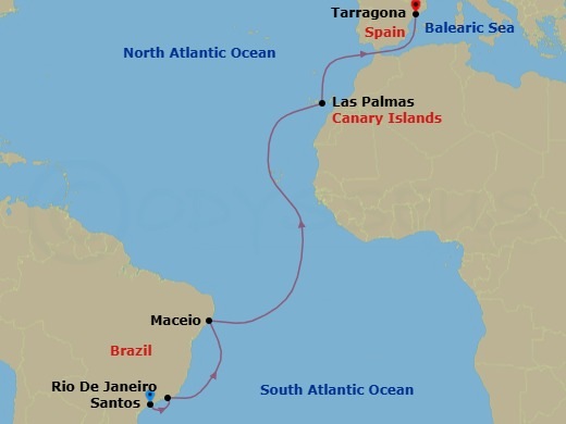 14 Night - Msc Grand Voyages - MSC Musica - Starting in Santos (Sao Paulo), Brazil, Rio De Janeiro, Brazil, Maceio, Brazil, Las Palmas de Gran Canaria (Canary Islands), Spain, Tarragona, Spain itinerary map