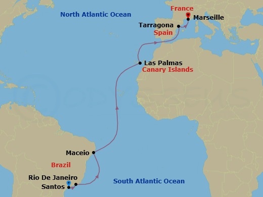 15 Night - Msc Grand Voyages - MSC Musica - Starting in Santos (Sao Paulo), Brazil, Rio De Janeiro, Brazil, Maceio, Brazil, Las Palmas de Gran Canaria (Canary Islands), Spain, Tarragona, Spain, Marseille (Provence), France itinerary map