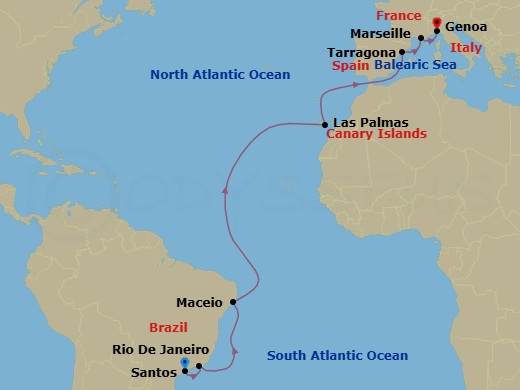 16 Night - Msc Grand Voyages - MSC Musica - Starting in Santos (Sao Paulo), Brazil, Rio De Janeiro, Brazil, Maceio, Brazil, Las Palmas de Gran Canaria (Canary Islands), Spain, Tarragona, Spain, Marseille (Provence), France, Genoa (Portofino), Italy itinerary map