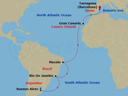 MSC Splendida - 16 Night - Msc Grand Voyages - MSC Splendida - Starting in Buenos Aires, Argentina, Rio De Janeiro, Brazil, Maceio, Brazil, Las Palmas de Gran Canaria (Canary.. itinerary map