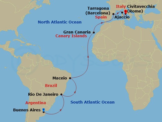 MSC Splendida - 18 Night - Msc Grand Voyages - MSC Splendida - Starting in Buenos Aires, Argentina, Rio De Janeiro, Brazil, Maceio, Brazil, Las Palmas de Gran Canaria (Canary.. itinerary map
