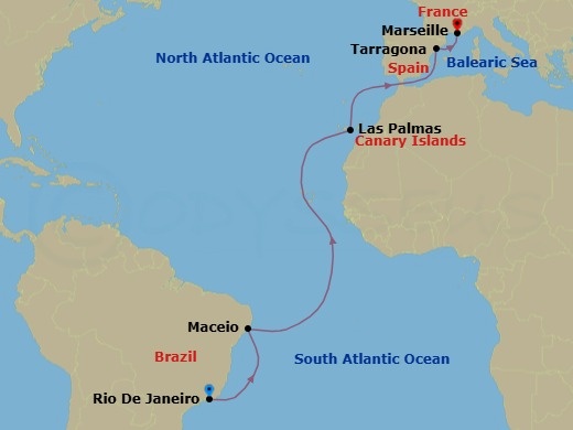 14 Night - Msc Grand Voyages - MSC Musica - Starting in Rio De Janeiro, Brazil, Maceio, Brazil, Las Palmas de Gran Canaria (Canary Islands), Spain, Tarragona, Spain, Marseille (Provence), France itinerary map
