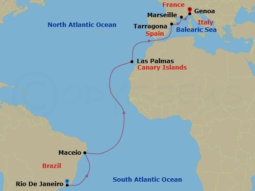 15 Night - Msc Grand Voyages - MSC Musica - Starting in Rio De Janeiro, Brazil, Maceio, Brazil, Las Palmas de Gran Canaria (Canary Islands), Spain, Tarragona, Spain, Marseille (Provence), France, Genoa (Portofino), Italy itinerary map