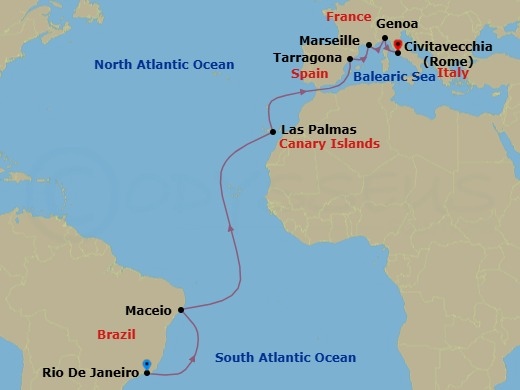 16 Night - Msc Grand Voyages - MSC Musica - Starting in Rio De Janeiro, Brazil, Maceio, Brazil, Las Palmas de Gran Canaria (Canary Islands), Spain, Tarragona, Spain, Marseille (Provence), France, Genoa (Portofino), Italy, Civitavecchia (Rome), Italy itinerary map