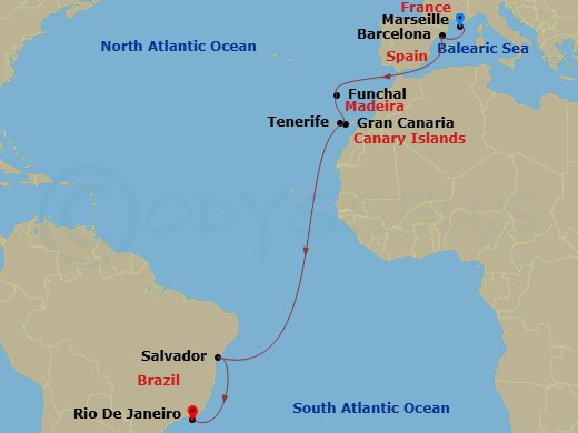 MSC Virtuosa - 16 Night - Msc Grand Voyages - MSC Virtuosa - Starting in Marseille (Provence), France, Barcelona, Spain, Funchal (Madeira Islands), Portugal, Las Palmas de G.. itinerary map