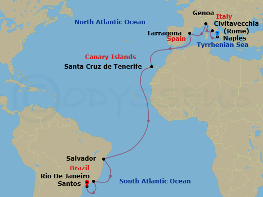 18 Night - Msc Grand Voyages - MSC Divina - Starting in Naples (Pompeii), Italy, Civitavecchia (Rome), Italy, Genoa (Portofino), Italy, Tarragona, Spain, Santa Cruz de Tenerife, Salvador, Brazil, Rio De Janeiro, Brazil, Santos (Sao Paulo), Brazil itinerary map