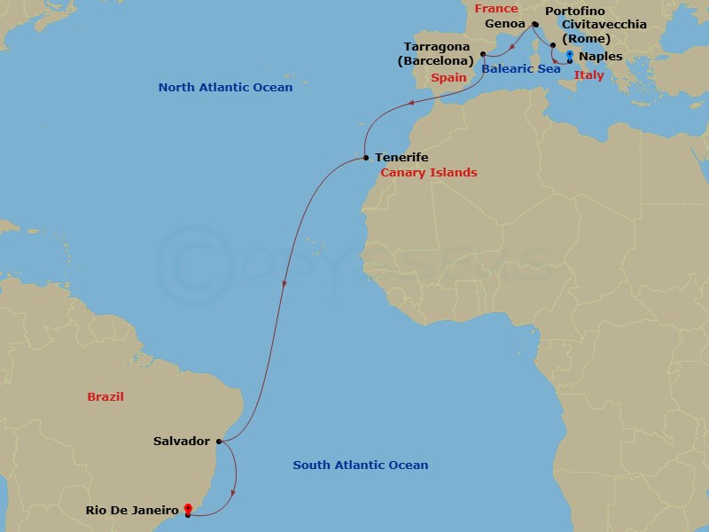 17 Night - Msc Grand Voyages - MSC Divina - Starting in Naples (Pompeii), Italy, Civitavecchia (Rome), Italy, Genoa (Portofino), Italy, Tarragona, Spain, Santa Cruz de Tenerife, Salvador, Brazil, Rio De Janeiro, Brazil itinerary map