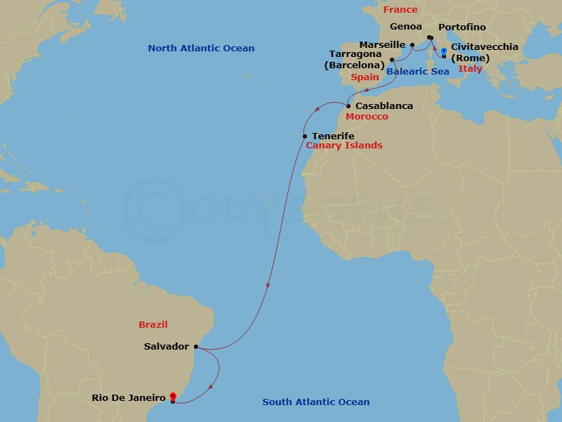 MSC Musica - 16 Night - Cvv - MSC Musica - Starting in Civitavecchia (Rome), Italy, Genoa (Portofino), Italy, Marseille (Provence), France, Tarragona, Spain, Casablanca (M.. itinerary map