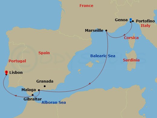 MSC Opera - 5 Night - Mediterranean - MSC Opera - Starting in Genoa (Portofino), Italy, Marseille (Provence), France, Malaga (Granada), Spain, Gibraltar, Lisbon (Cascais).. itinerary map