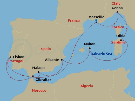 MSC Opera - 10 Night - Mediterranean - MSC Opera - Starting in Marseille (Provence), France, Malaga (Granada), Spain, Gibraltar, Lisbon (Cascais), Portugal, Alicante, Spa.. itinerary map