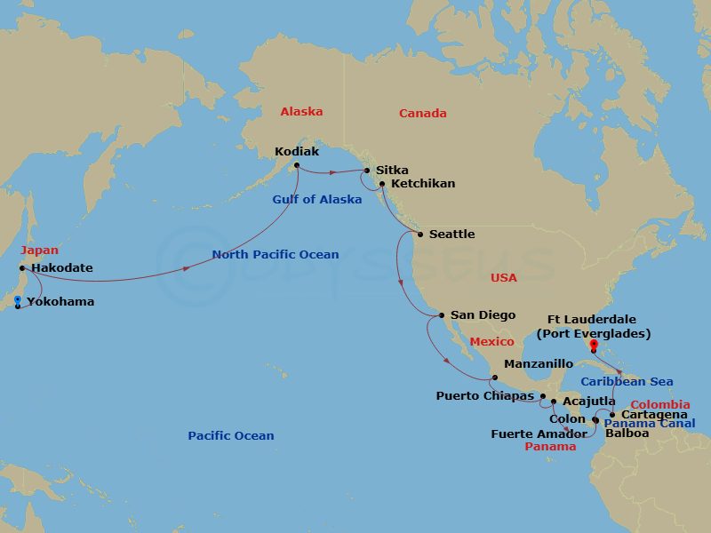HAL Volendam - 33 Night - Grand World Voyage - HAL Volendam - Starting in Yokohama (Tokyo), Japan, Hakodate, Japan, Cross International Dateline, Kodiak, Alaska, Sitka, Alas.. itinerary map