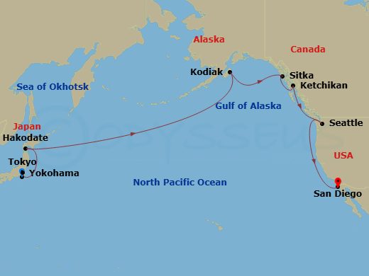 HAL Volendam - 19 Night - Grand World Voyage - HAL Volendam - Starting in Yokohama (Tokyo), Japan, Hakodate, Japan, Cross International Dateline, Kodiak, Alaska, Sitka, Alas.. itinerary map