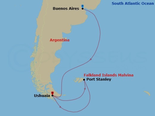 21 Night - Ultimate Antarctica, Falklands - Tour An3 - Seabourn Pursuit Tours - Starting in Buenos Aires, Argentina, Ushuaia, Argentina, Antarctica, South Georgia, Port Stanley, Falkland Islands, The Falkland Islands, Ushuaia, Argentina itinerary map
