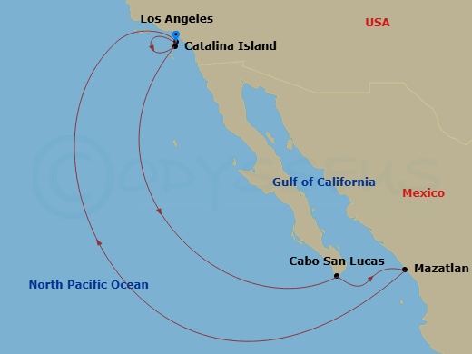 RCL Voyager of the Seas - 8 Night - Cabo Overnight, Mazatlan & Catalina - RCL Voyager of the Seas - Starting in Los Angeles, California, Catalina Island, California, Cabo San Lucas, Me.. itinerary map