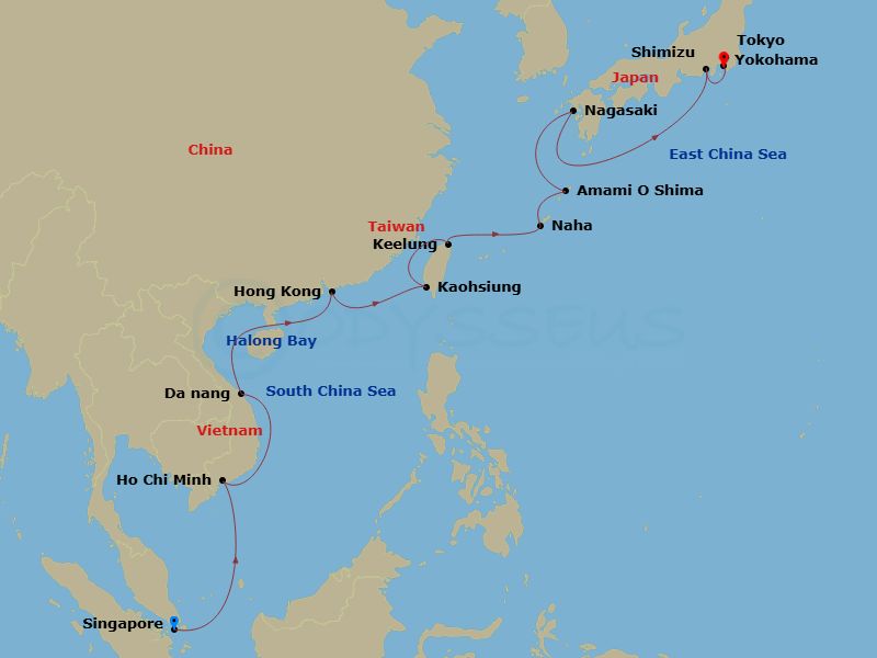 HAL Volendam - 21 Night - Grand World Voyage - HAL Volendam - Starting in Singapore, Phu My, Vietnam, Da Nang (Hue), Vietnam, Halong Bay, Vietnam, Hong Kong, China, Kaohsiun.. itinerary map
