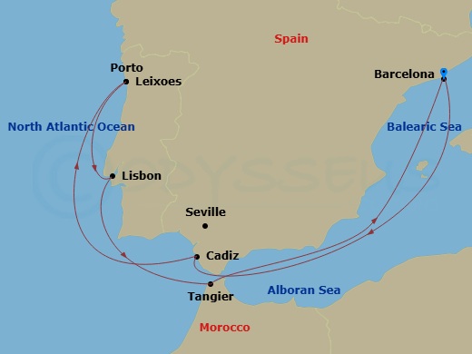 Celebrity Equinox - 9 Night - Spain, Portugal & Morocco - Celebrity Equinox - Starting in Barcelona, Spain, Seville (Cadiz), Spain, Porto (Leixoes), Portugal, Lisbon, Portugal, T.. itinerary map