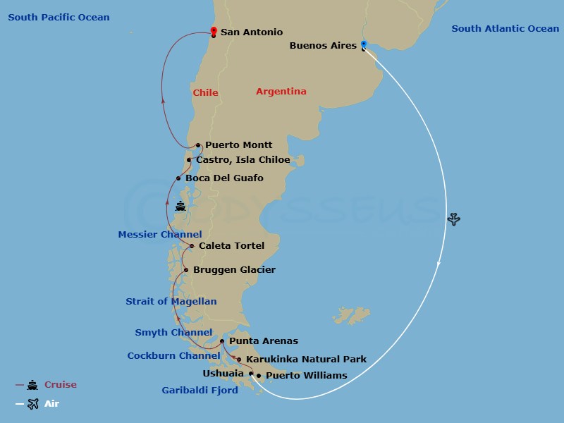 Seabourn Pursuit Cruise Tours - 15 Night - Chilean Fjord & Patagonia Expl - Tour A12 - Seabourn Pursuit Cruise Tours - Starting in Buenos Aires, Argentina, Ushuaia, Argentina, Puerto William.. itinerary map