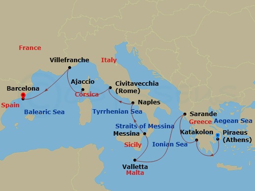 HAL Oosterdam - 11 Night - Mediterranean Splendor : Greece, Italy & Provence - HAL Oosterdam - Starting in Piraeus (Athens), Greece, Katakolon (Olympia), Greece, Sarande, Alb.. itinerary map