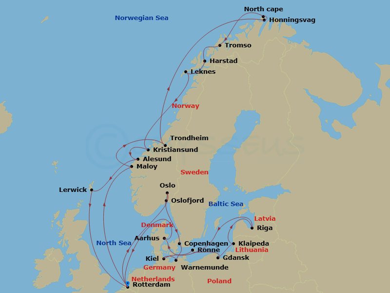 HAL Rotterdam - 28 Night - Arctic Circle & Oktoberfest Collectors' Voyage - HAL Rotterdam - Starting in Rotterdam, the Netherlands, Maloy, Norway, Trondheim, Norway, Scenic C.. itinerary map