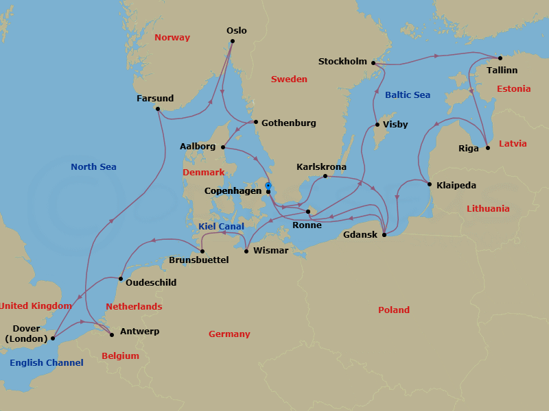 25 Night - Baltic Nights, Kiel Canal & Dover - Seabourn Quest - Starting in Copenhagen, Denmark, Karlskrona, Sweden, Gdansk, Poland, Ronne (Bornholm), Denmark, Wismar, Germany, Enter Kiel Canal Holtenau, Daylight transit Kiel Canal, Exit Kiel Canal Brunsbuttel, Oudeschild (Texel), Netherlands, Dover UK (London), England, Antwerp, Belgium, Farsund, Norway, Oslo, Norway, Gothenburg, Sweden, Aalborg, Denmark, Copenhagen, Denmark, Ronne (Bornholm), Denmark, Visby, Gotland, Sweden, Stockholm, Sweden, Tallinn, Estonia, Riga, Latvia, Klaipeda, Lithuania, Gdansk, Poland, Copenhagen, Denmark itinerary map