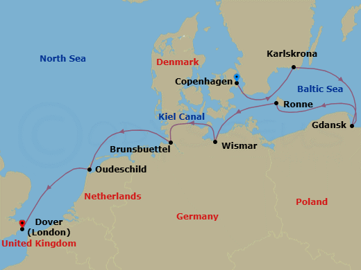 7 Night - Sweden, Denmark & Kiel Canal - Seabourn Quest - Starting in Copenhagen, Denmark, Karlskrona, Sweden, Gdansk, Poland, Ronne (Bornholm), Denmark, Wismar, Germany, Enter Kiel Canal Holtenau, Daylight transit Kiel Canal, Exit Kiel Canal Brunsbuttel, Oudeschild (Texel), Netherlands, Dover UK (London), England itinerary map