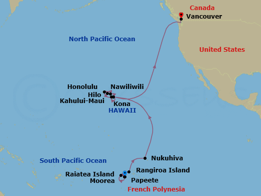 25 Night - Hawaii from Papeete to Vancouver - Silver Whisper - Starting in Papeete, Raiatea, Moorea Island, Rangiroa, Nuku Hiva, Hilo, Kahului, Honolulu, Nawiliwili, Kailua Kona, Hilo, Vancouver itinerary map
