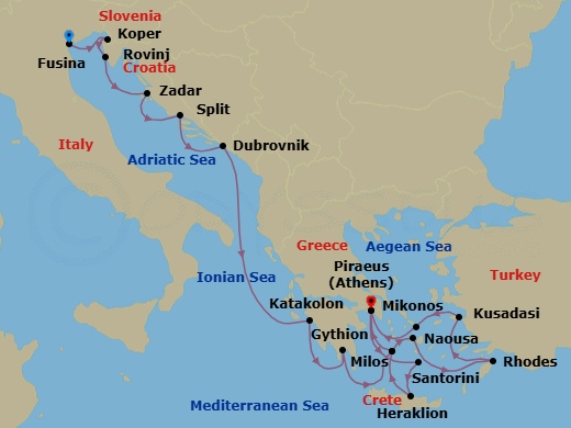 19 Night - Europe from Fusina to Athens - Silver Nova - Starting in Fusina, Koper, Rovinj, Zadar, Split, Dubrovnik, Croatia, Katakolon, Gythion, Milos, Athens, Santorini, Heraklion, Milos, Naousa, Rhodes, Kusadasi, Mykonos, Athens itinerary map