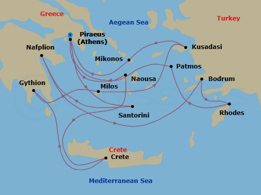14 Night - Southern Europe Roundtrip from Athens - Silver Nova - Starting in Athens, Naousa, Souda Bay, Gythion, Milos, Kusadasi, Mykonos, Athens, Santorini, Nafplion, Bodrum, Rhodes, Patmos, Athens itinerary map