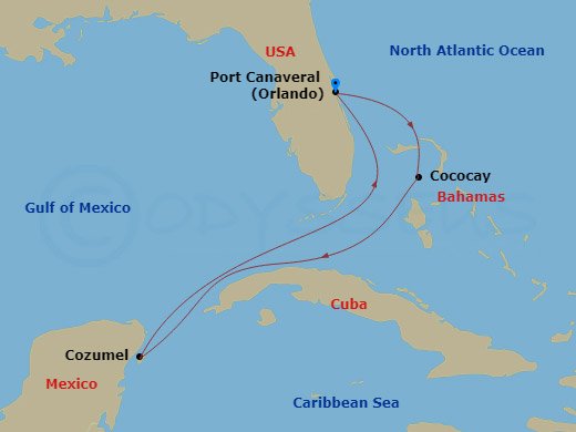 Adventure of the Seas - 5 Night - Perfect Day Cococay & West Carib - Adventure of the Seas - Starting in Orlando (Port Canaveral), Fl, Perfect Day Cococay, Bahamas, Cozumel, Mexico,.. itinerary map